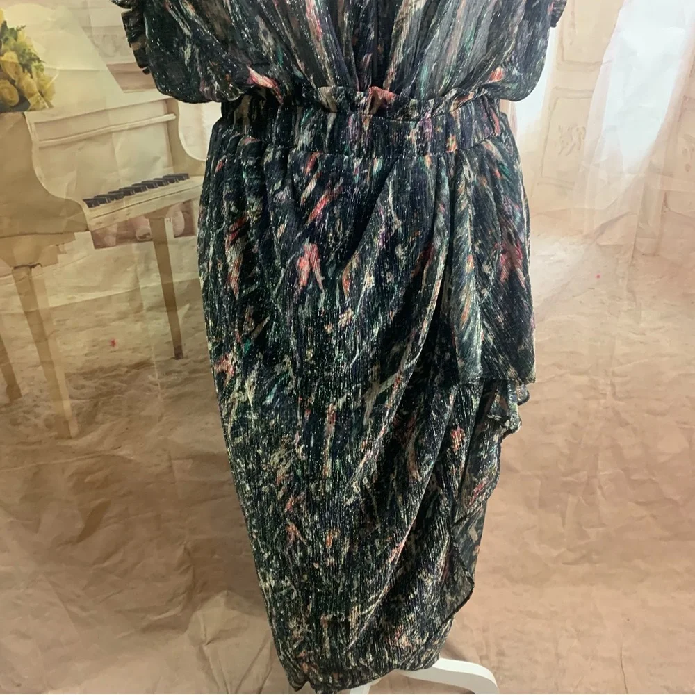 NEW IRO Gargas Wrap-effect Ruffled Printed lurex Sheer MIDI Dress - Picture 4 of 15